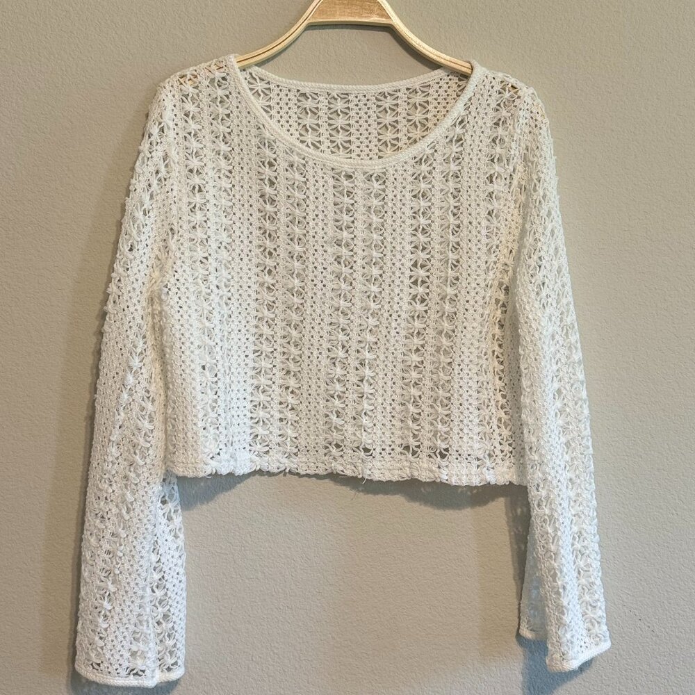Knitted Crochet Crop Top w Long Bell Sleeves